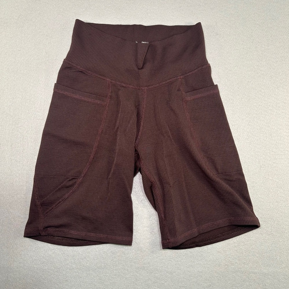 Toad&Co Bike Shorts Women Small Brown Ribbed High Waist Pockets Activewear